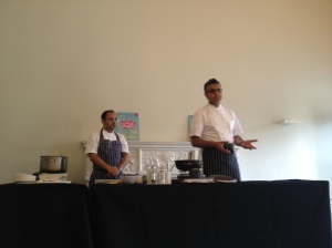 Atul Kochhar and his executive chef at Benares speak to the audience during his demo [My photo]